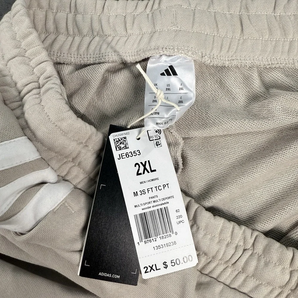 Adidas Pants Mens 2XL Beige Tan Khaki Tapered Cuff Sweatpant Jogger 3 Stripe Gym